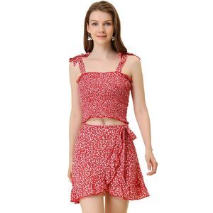 2 Piece Outfit Floral Print Smocked Mini Skirt Set Red